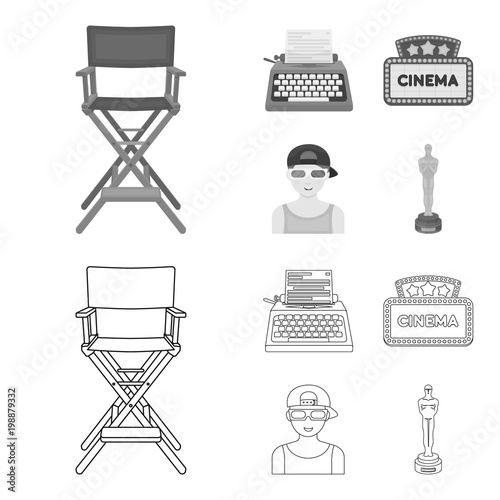 Chair of the director, typewriter, cinematographic signboard, film-man. Films and cinema set collection icons in outline,monochrome style vector symbol stock illustration web.