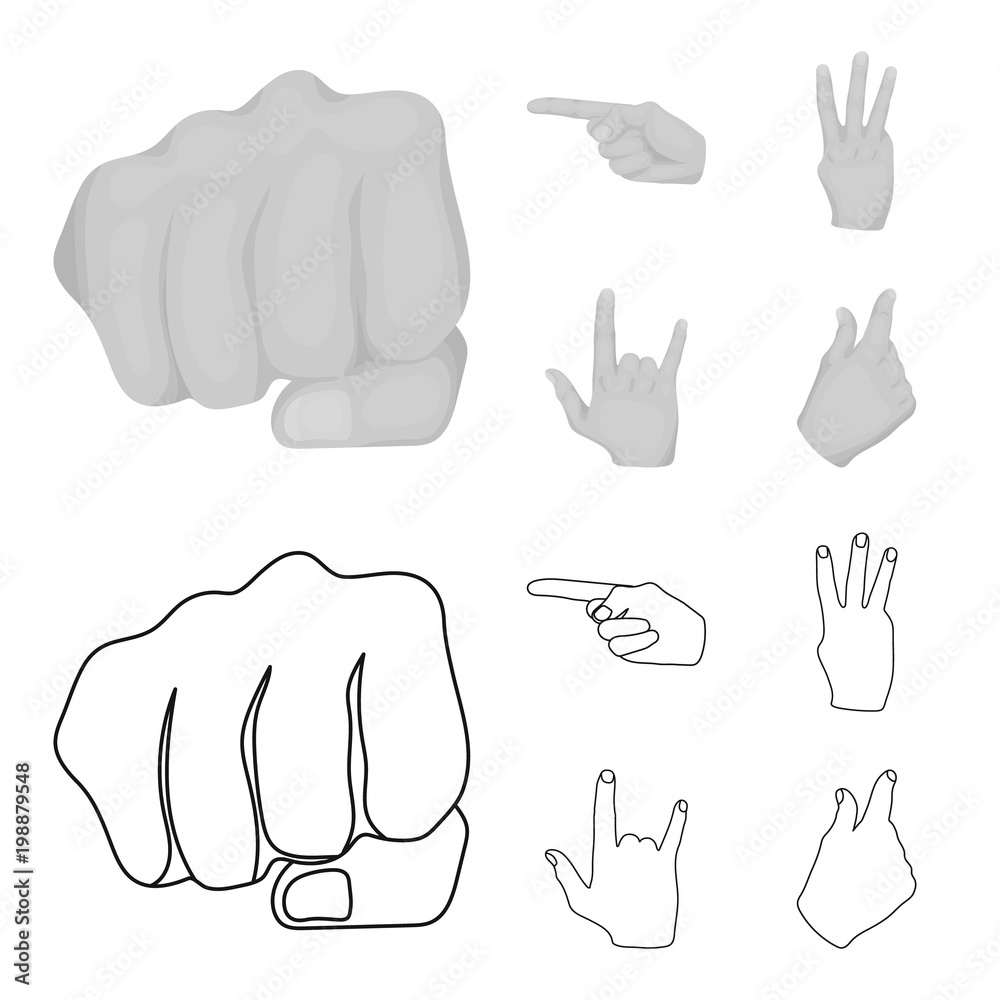 Closed fist, index, and other gestures. Hand gestures set collection