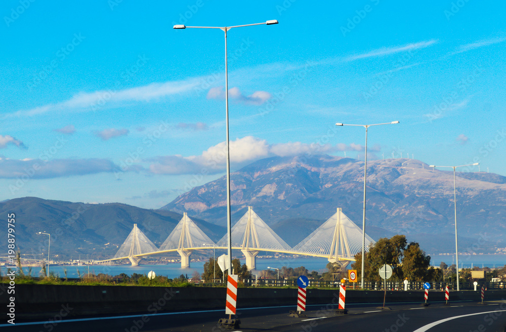 View from Rio of Rio–Antirrio bridge (one of the world's longest multi-span cable-stayed bridges and longest of the fully suspended type) over Gulf of Corinth near Patras Greece