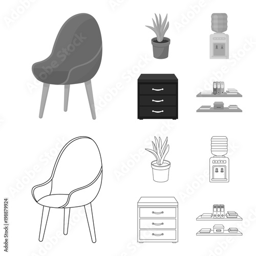 A red chair with a comfortable back, an aloe flower in a pot, an apparatus with clean water, a cabinet for office papers. Office Furniture set collection icons in outline,monochrome style vector