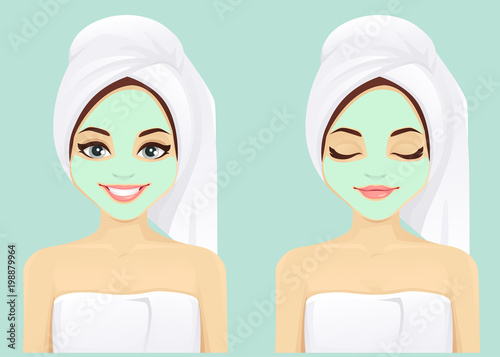 Woman with smiling face skin care set illustrations