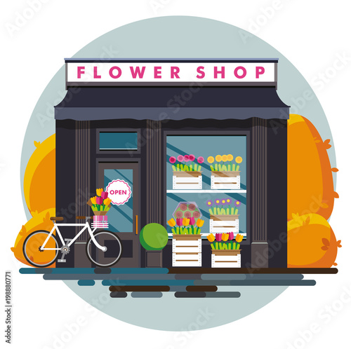 Flower shop. Facade of an flower shop. Illustration of an flower shop in a flat style. Vector illustration Eps10 file