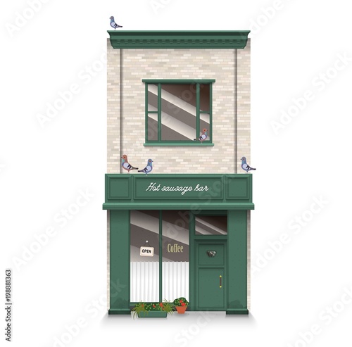 Illustration of a townhouse with cafe bar and trees. Flat art style. Housing, real estate market, architecture design, property investment concept banner.