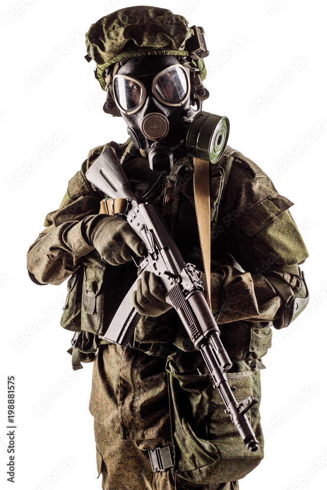 russian special forces soldier with rifle on dark background. army, military and people concept russian special forces soldier with rifle on dark background. army, military and people concept