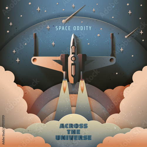Paper art style. Startup rocket concept. Rocket launch poster. Starry sky. Space fighter vector illustration. Space oddity. Across the universe.