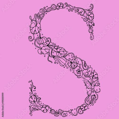 Flower type. Letter S. Hand drawn letter. Floral font. 