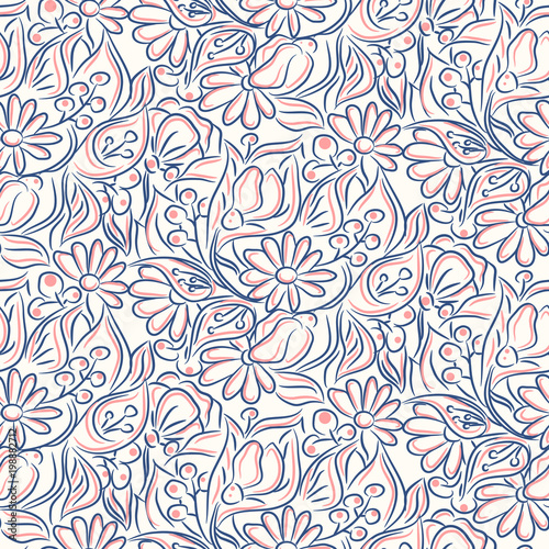 Engraving line sketch style flower seamless pattern. Handdrawn style repeat texture with chamomiles, berries and callas branches.