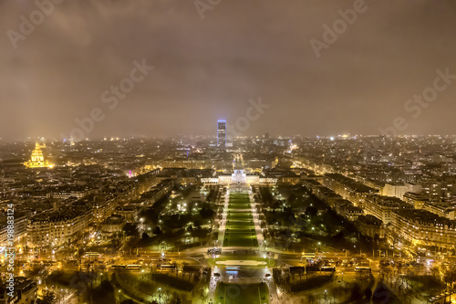 Aerial view on Champ de Mars (Mars fields) at night in a raining day photo