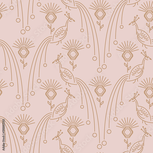 Peacock and clover minimal style seamless vector pattern. Gold line bird floral repeat elegant texture. Feminine tender design for wedding, textile or wallpaper print.
