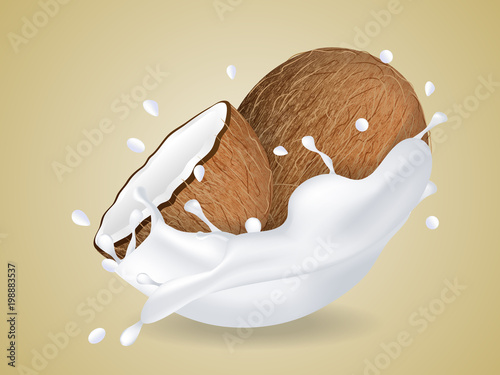 juicy sweet coconut in milk splash. Milkshake with coconut. Realistic style. Vector illustration.