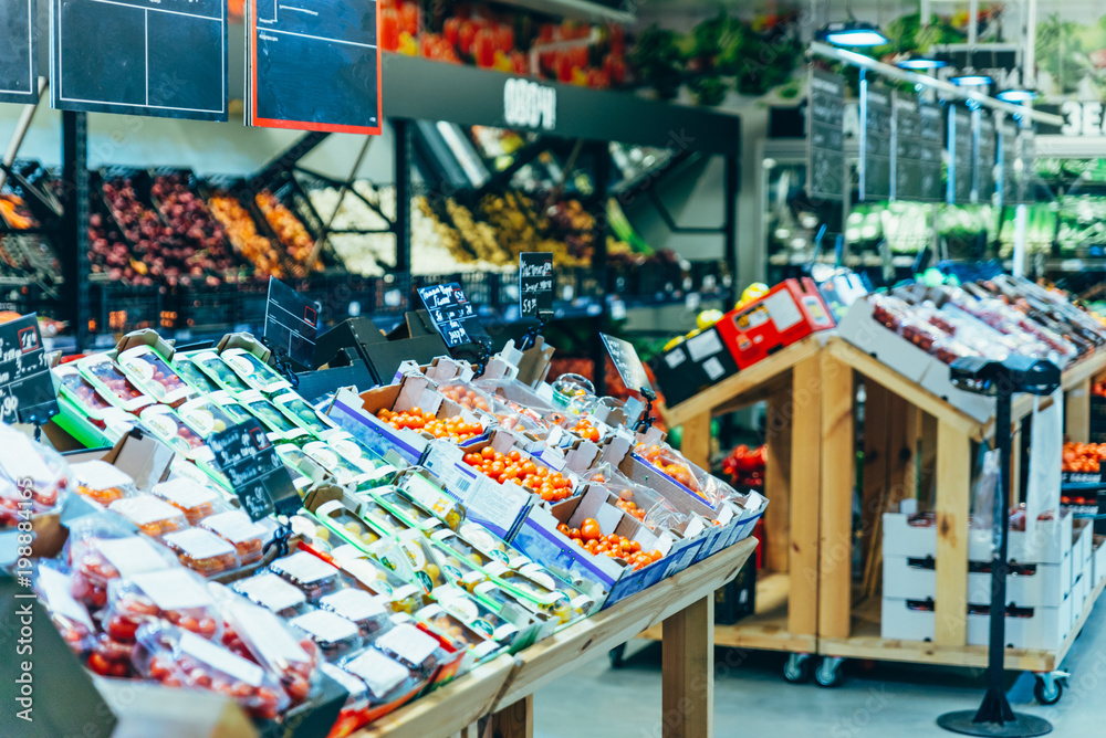 grocery store. vegetables and fruits in store. grocery store. vegetables and fruits in store.
