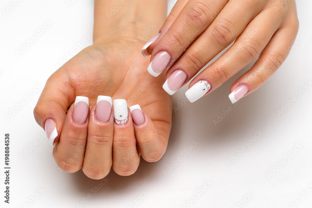 wedding French white manicure with white roses on long square nails wedding French white manicure with white roses on long square nails
