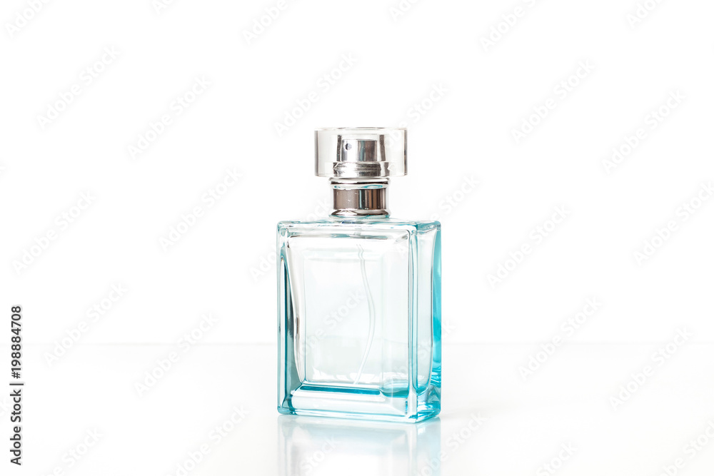 Foto Stock Blue glass perfume bottle mockup, fragrance spray isolated on  white | Adobe Stock