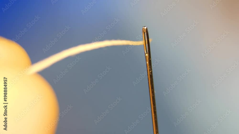 Threading the eye of a needle. Pulling the thread into the needle eye of the sewing needle. Threading the eye of a needle. Pulling the thread into the needle eye of the sewing needle.