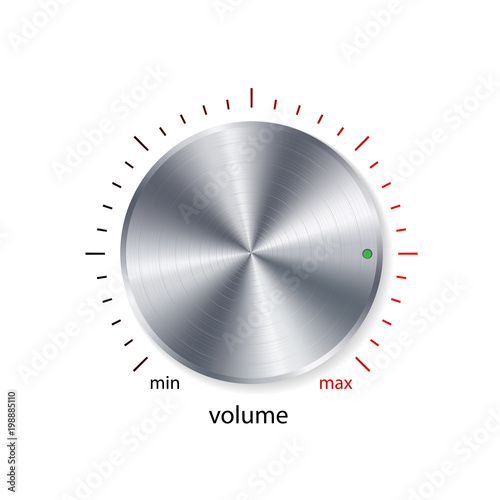 Volume button, sound control, music knob with metal chrome brushed texture and color scale isolated on white background