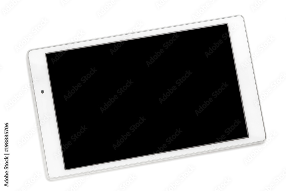 White tablet computer with fictional design with a black screen isolated on white background. White tablet computer with fictional design with a black screen isolated on white background.