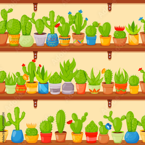 Seamless pattern with cactuses and succulents in plants pots on shelves. Cute cartoon cactus collection. Cactuses and plants abstract natural background © barmaleeva