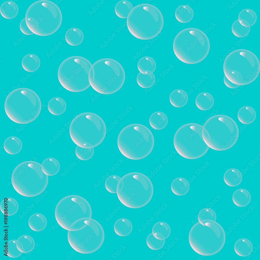 Soap bubbles on light blue background. Bubbles abstract background. Vector illustration