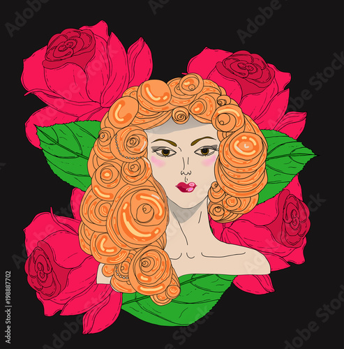 Vector colored illustration with young redheaded girl on roses background