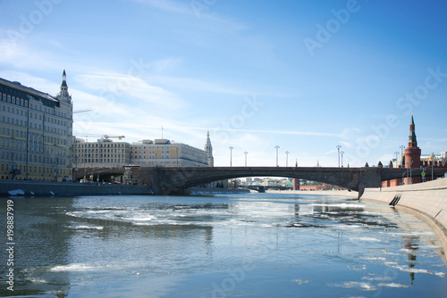 Bolshoy Moskvoretsky Bridge with Kremlin winter view in Moscow, Russia