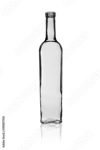 empty glass bottle for strong alcoholic drinks with reflection isolated on white background © neprolet