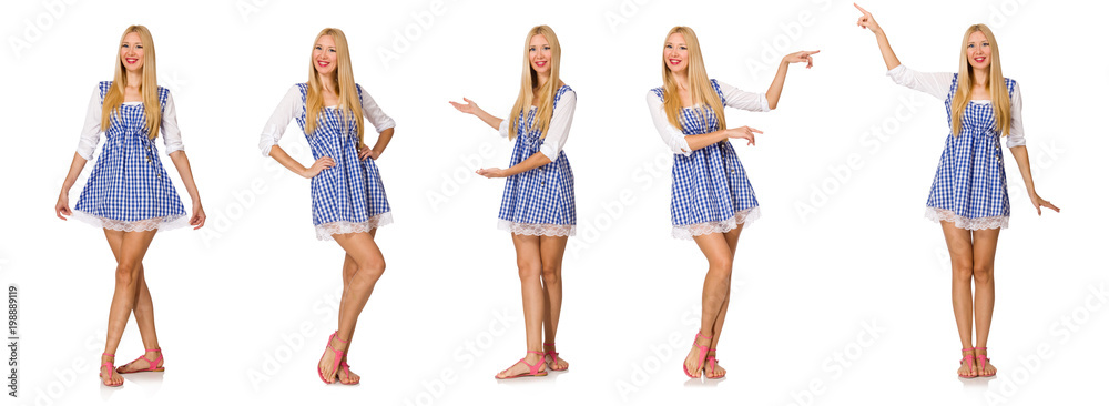 Caucasian woman in plaid blue dress isolated on white