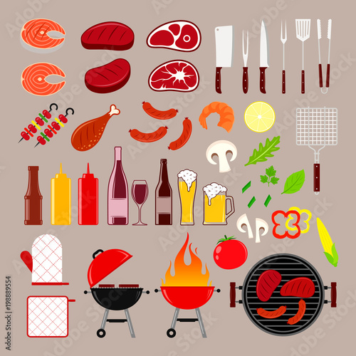 Vector barbecue, meat and bbq equipment icons
