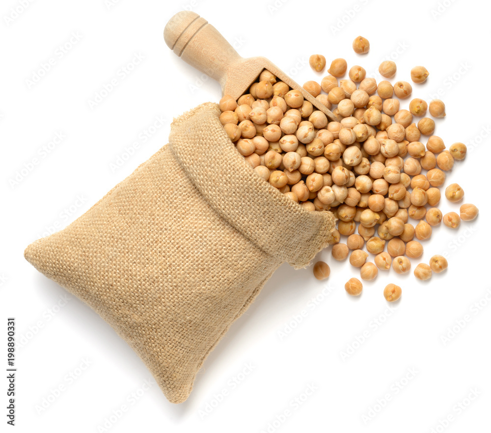 dried chickpeas in the sack with wooden scoop, isolated on white