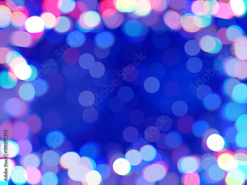 Multicolored bokeh defocused background. Frame of luminous shiny colored confetti, blurred backdrop