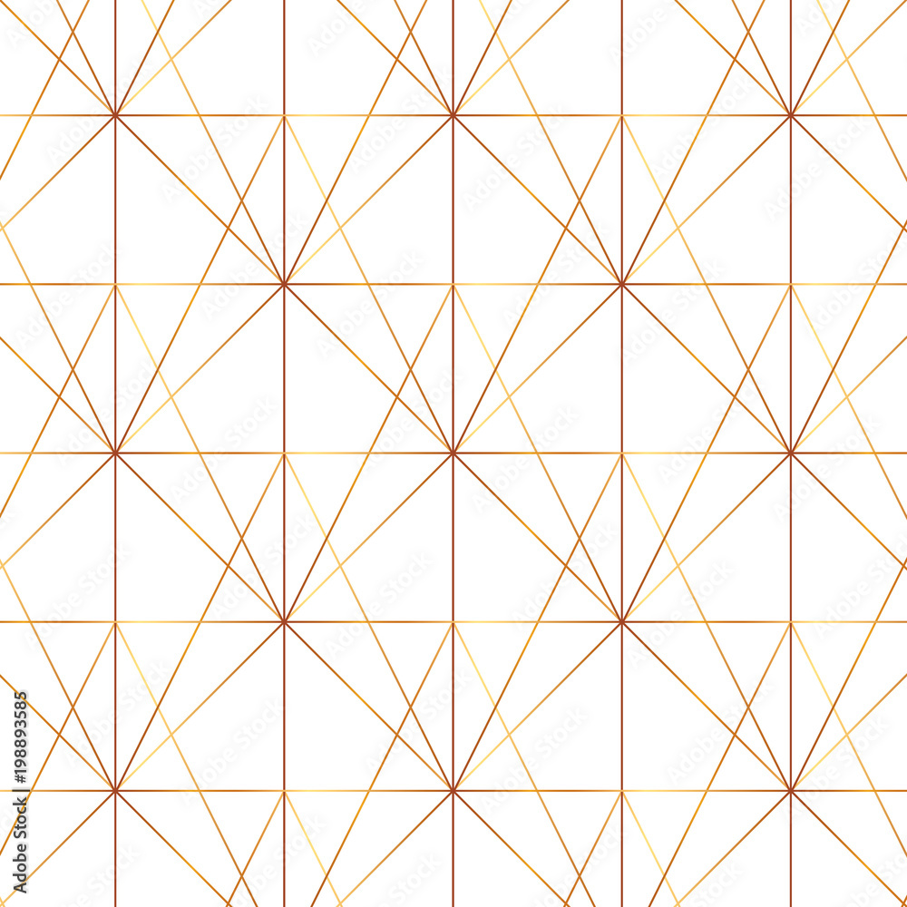 Seamless gold line geometric modern pattern. Background with rhombus, triangles and nodes. Golden texture.