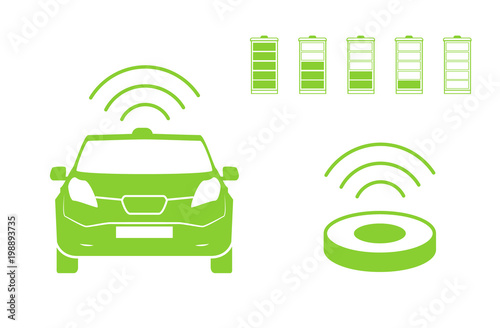 Wireless car charging station symbol. Electric car charging icon isolated. Electric Vehicle Green electric car charging point icon vector. Renewable eco technologies. Vector illustration.