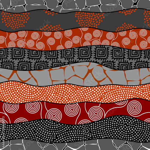 Ethnic boho seamless pattern in african style on black background. Tribal art print. Patchwork style. Vector image.