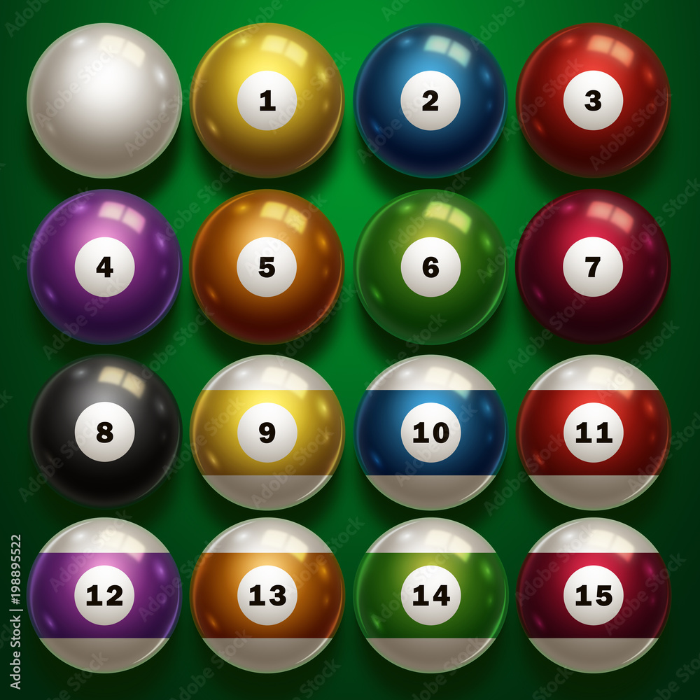 Billiards, full set of billiard balls isolated on a green background. Snooker. illustration Billiards, full set of billiard balls isolated on a green background. Snooker. illustration