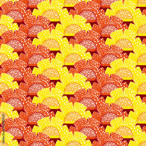 Multicolored marmalade, sprinkled with sugar, in the form of stylized chamomile flowers. Seamless pattern. Fabric design, packaging paper. Vector.