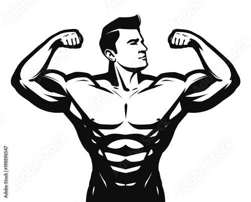 Gym, sport, bodybuilding logo or label. Strong man with big muscles. Vector illustration