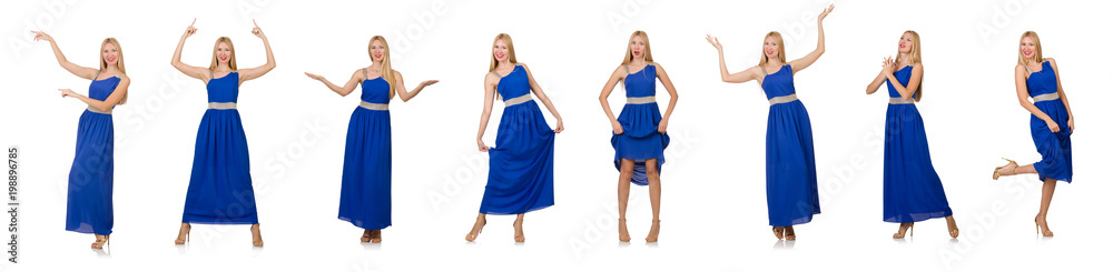 Beautiful woman in long blue dress isolated on white Beautiful woman in long blue dress isolated on white