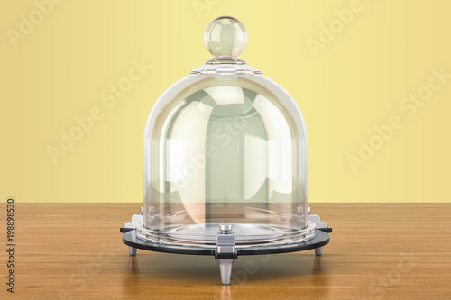 Glass Bell or Bell Jar on the wooden table. 3D rendering
