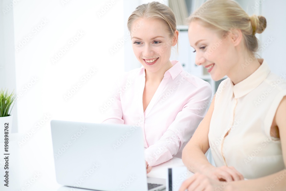 Two business ladies or colleagues discussing something in office background Two business ladies or colleagues discussing something in office background