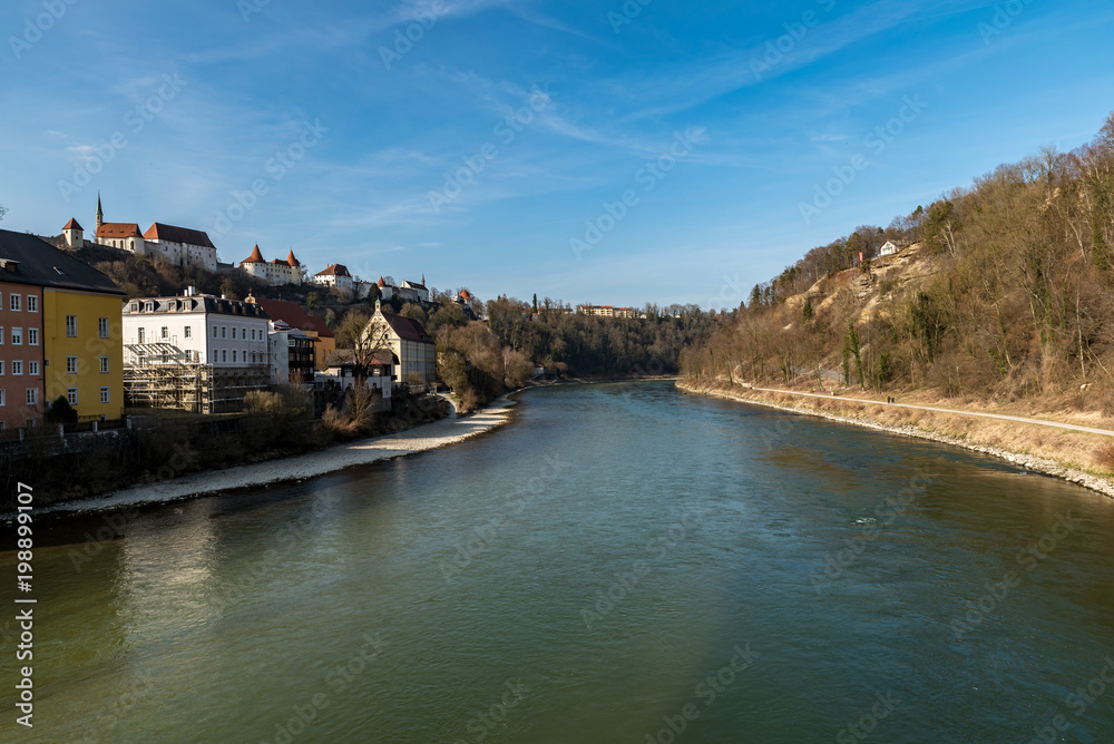 The old houses of Burghausen with the river Salzach