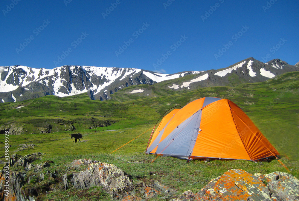 Camping tent in mongolian grassland natural landscape