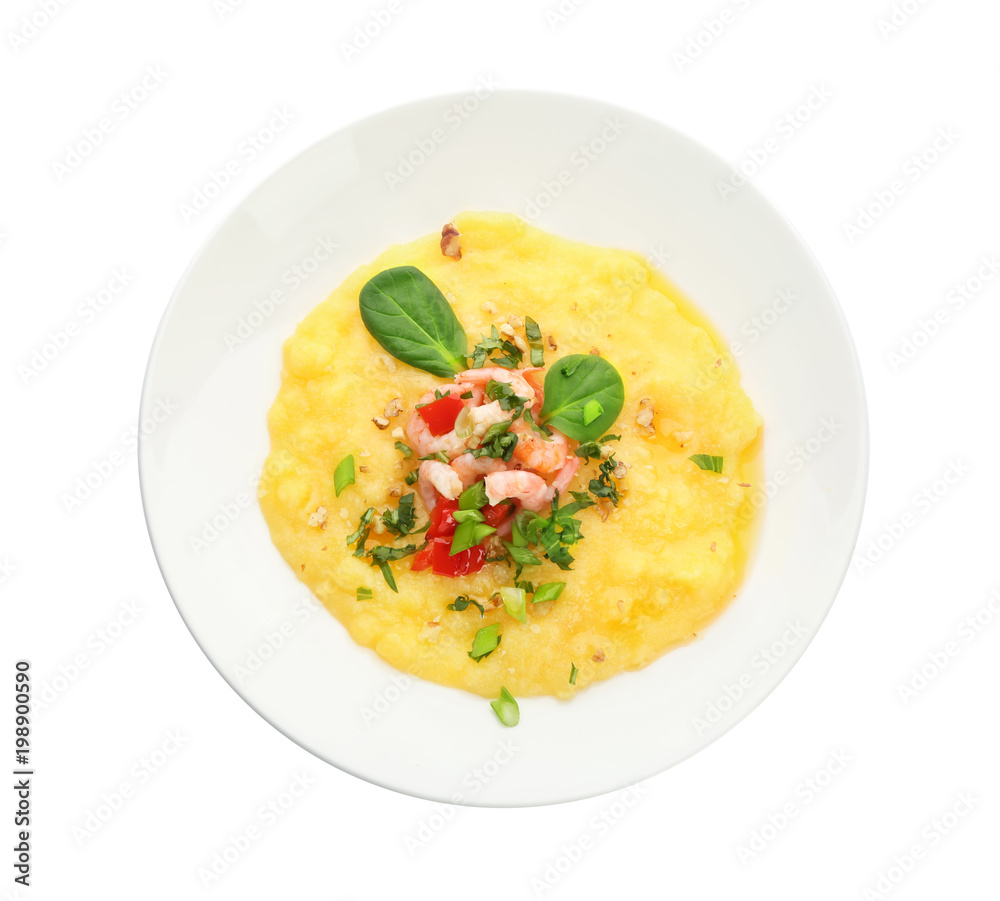 Plate with tasty shrimps and grits on white background, top view Plate with tasty shrimps and grits on white background, top view