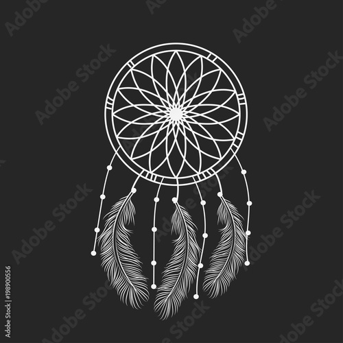 Dream catcher graphic in black and white decorated with feathers and beads giving its owner good dreams in mandala style. Vector illustration.