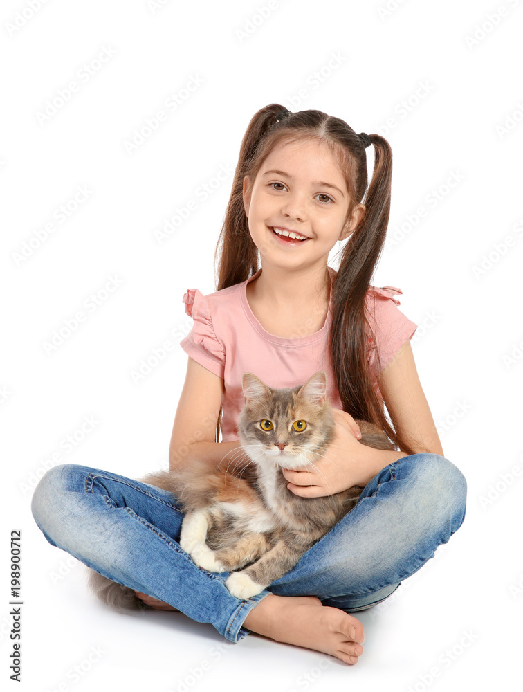 Cute little girl with cat on white background Cute little girl with cat on white background