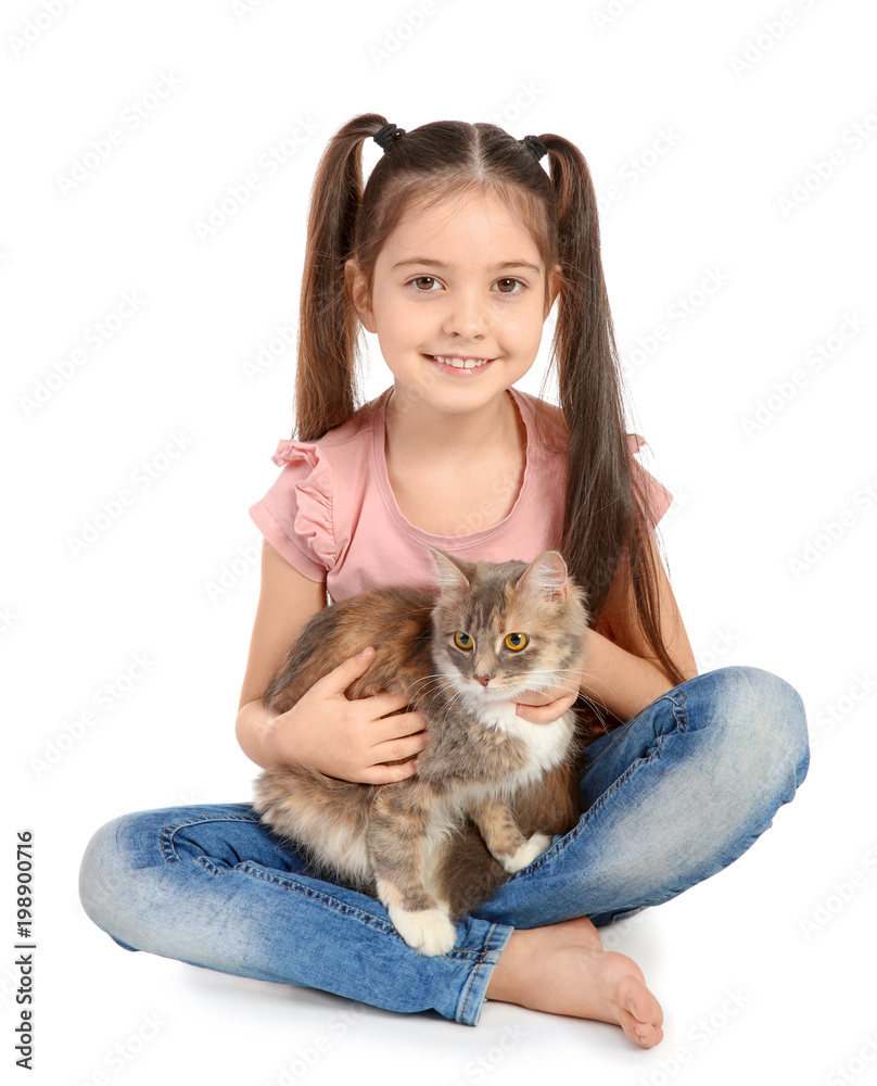 Obraz premium Cute little girl with cat on white background