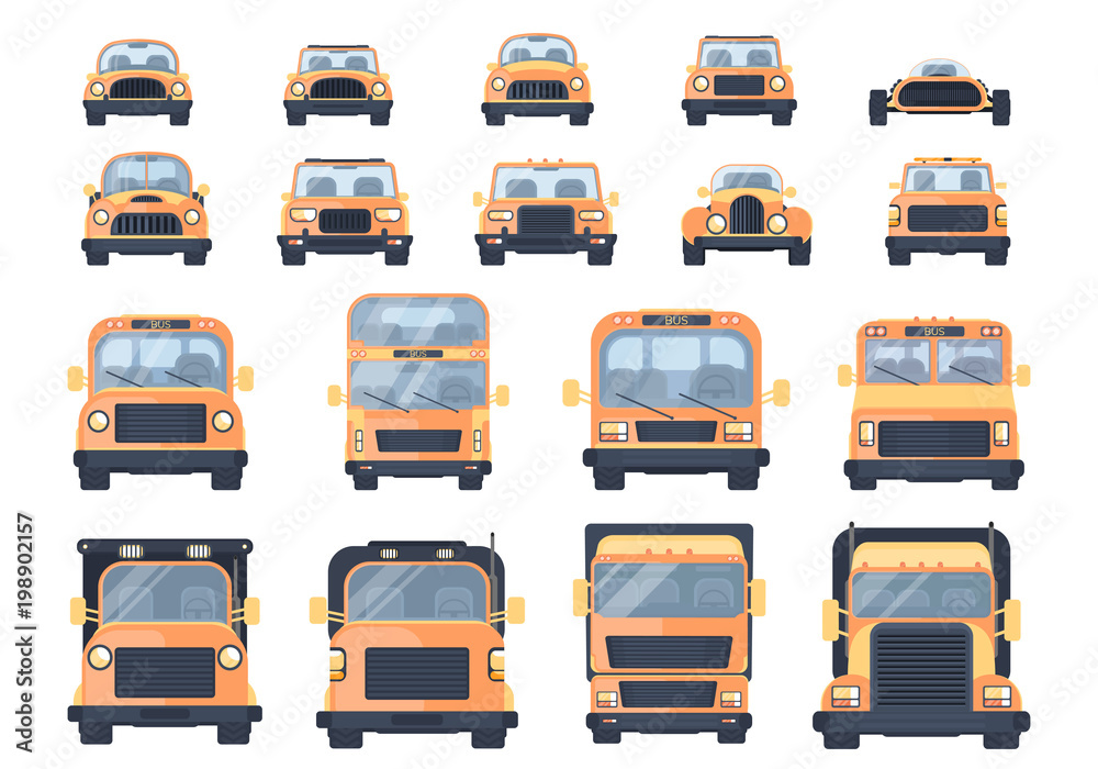 Set of different types of transport. City car, pick up, roadster, hot road, SUV, bus, lorry, heavy truck, race car.