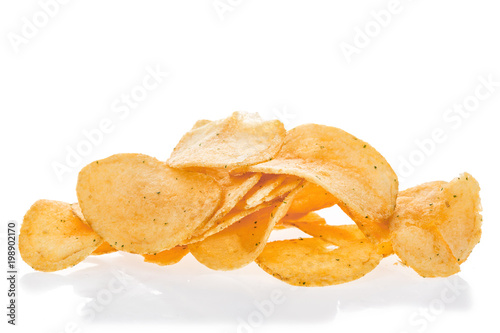 Close up potato chips isolated on white background.
