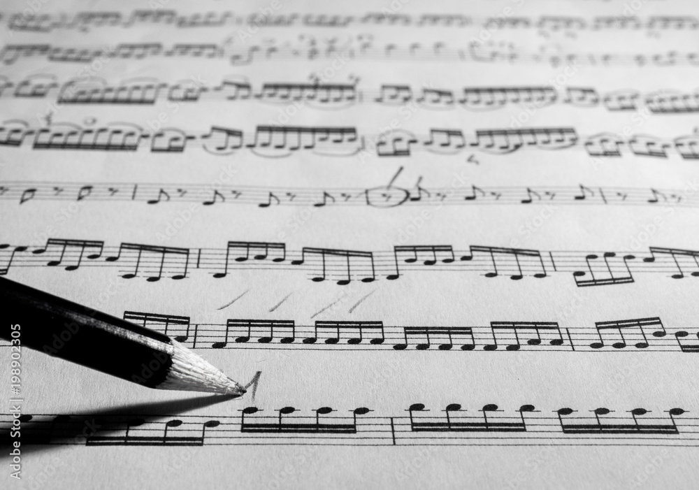Fototapeta premium Student signing marks with pencil on music staff sheet