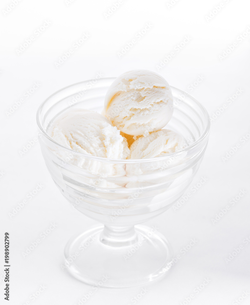 Vanilla ice cream on white background. Scoops of vanilla ice cream in glasses bowl Vanilla ice cream on white background. Scoops of vanilla ice cream in glasses bowl