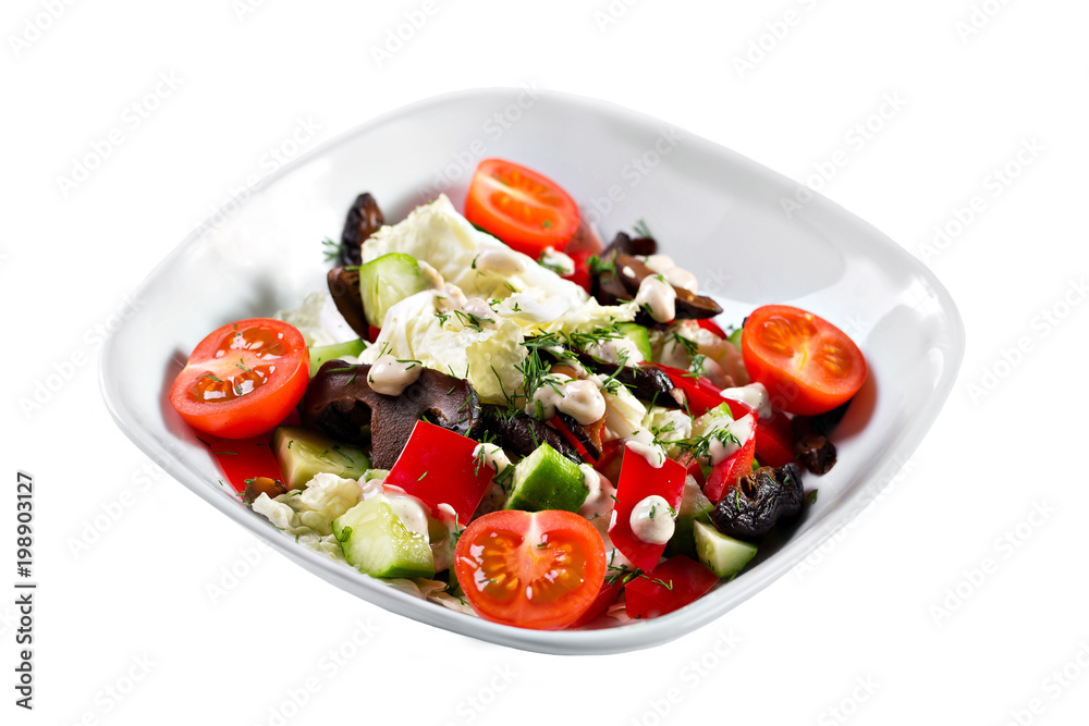 Greek salad. Vegetable with shitake mushrooms, green salad, with cherry tomatoes, fetta cheese, red onion, and mixed greens