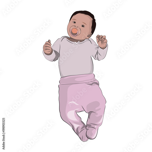 Newborn baby with dummy in mouth is dressed in pink clothes, isolated vector illustration